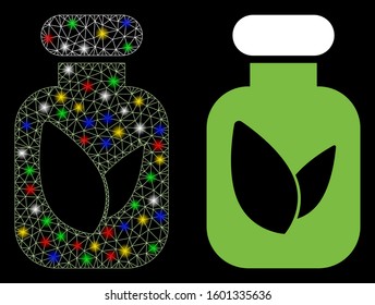 Bright mesh natural drugs icon with lightspot effect. Abstract illuminated model of natural drugs. Shiny wire carcass triangular mesh natural drugs icon. Vector abstraction on a black background.