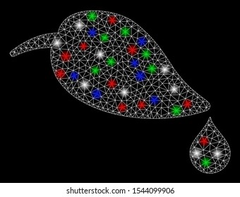 Bright mesh natural leaf with drop with glare effect. White wire frame polygonal mesh in vector format on a black background. Abstract 2d mesh designed with triangular lines, dots,