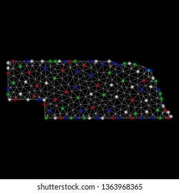 Bright mesh Nebraska State map with glare effect. Wire frame polygonal mesh in vector format on a black background. Abstract 2d mesh designed with triangles, dots, colored flare spots.