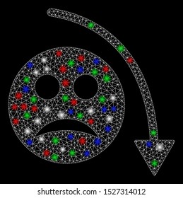 Bright mesh negative smiley trend with glare effect. White wire frame triangular mesh in vector format on a black background. Abstract 2d mesh built from triangular lines, round dots,