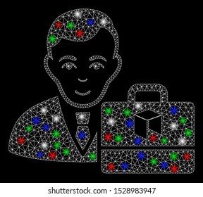 Bright mesh neo accounter with glare effect. White wire carcass triangular mesh in vector format on a black background. Abstract 2d mesh built from triangles, dots, colored glare spots.