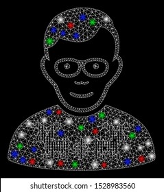 Bright mesh nerd guy with glare effect. White wire carcass triangular mesh in vector format on a black background. Abstract 2d mesh created from triangular lines, round dots, colorful light spots.