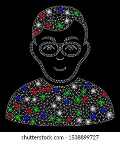 Bright mesh nerd man with glow effect. White wire frame polygonal mesh in vector format on a black background. Abstract 2d mesh designed with polygonal grid, dots, colorful flash spots.