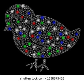 Bright mesh nestling chick with glare effect. White wire frame polygonal mesh in vector format on a black background. Abstract 2d mesh designed with polygonal grid, small circle, colorful glare spots.