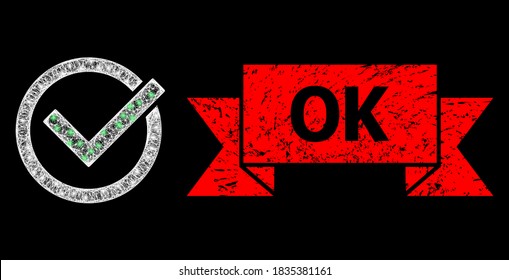 Bright mesh net accept tick with lightspots, and OK corroded ribbon seal print. Red stamp seal contains OK text inside ribbon.