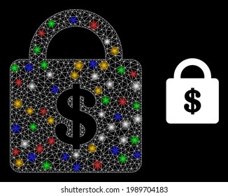 Bright mesh net bank lock with multicolored bright dots. Constellation vector mesh created from bank lock pictogram. Sparkle frame polygonal bank lock, on a black backgound.