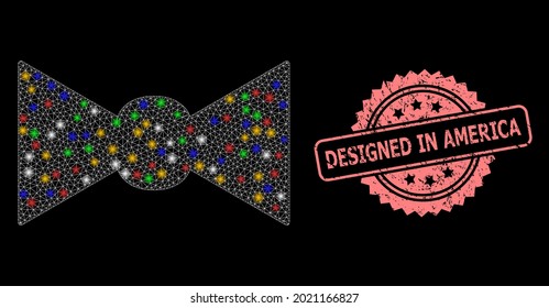 Enganche de malla brillante con manchas brillantes y sello de sello de rosette revestido en Estados Unidos. Estructura vectorial iluminada creada a partir del símbolo de corbata de arco.