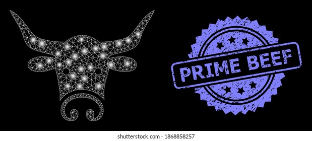 Bright mesh net bull head with lightspots, and Prime Beef corroded rosette stamp. Illuminated vector model created from bull head icon. Blue stamp includes Prime Beef tag inside rosette.