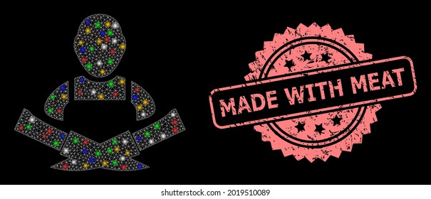 Heller Maschennetz-Metzger mit leuchtenden Flecken und Made mit Fleisch korrodierte Rosette-Stempel. Illuminierte Vektormaschen, die aus dem Metzgersymbol erstellt wurden. Rosa Stempel enthält Made with Meat caption inside rosette.