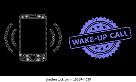 Bright mesh net cellphone vibration with glowing spots, and Wake-Up Call rubber rosette seal. Illuminated vector model created from cellphone vibration icon.