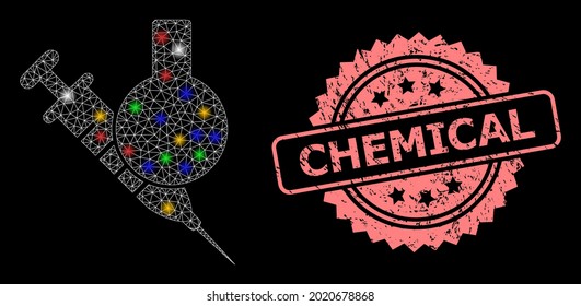 Bright mesh net chemical vaccine with light dots, and Chemical unclean rosette stamp. Illuminated vector mesh created from chemical vaccine icon. Pink stamp seal includes Chemical tag inside rosette.