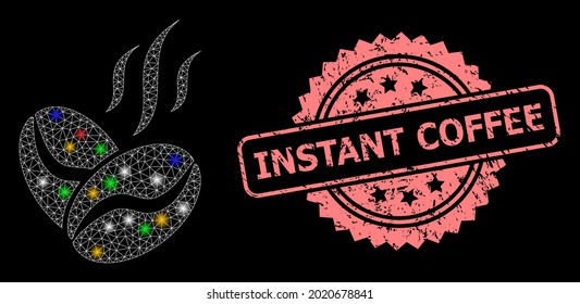 La red de malla brillante de café aroma con puntos brillantes y el sello de rosette sucio de café instantáneo. Malla vectorial iluminada creada a partir del pictograma de aroma de grano de café.