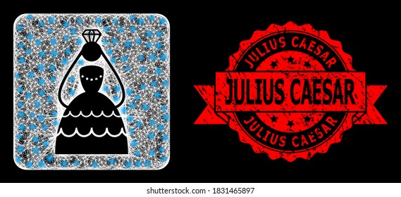 Bright mesh net crowned bride with lightspots, and Julius Caesar grunge ribbon stamp seal. Red stamp has Julius Caesar text inside ribbon.