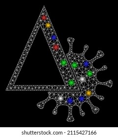 Bright Mesh Net Delta Covid Virus Icon With Colored Bright Dots. Illuminated Vector Structure Created From Delta Covid Virus Icon. Sparkle Carcass Mesh Polygonal Delta Covid Virus.