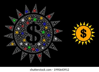 El dólar neto en malla brillante con focos multicolores. Modelo vectorial de constelación creado a partir del icono de brillo del dólar. La espuma de la constelación de la malla del dólar brilla, con un fondo negro.