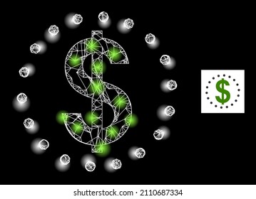Bright mesh net dollar zone icon with sparkle spots. Illuminated constellation is created using dollar zone vector icon and crossed lines. Constellation frame dollar zone, on a black background.