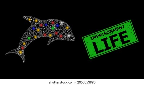 Bright mesh net dolphin with colored glowing spots, and grunge Imprisonment Life stamp. Green stamp seal includes Imprisonment Life title inside framed rectangle.