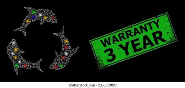 Bright mesh net dolphin trio with colored bright dots, and grunge Warranty 3 Year seal. Green seal includes Warranty 3 Year title inside framed rectangle.