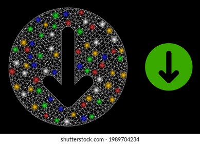 Helles Netz nach unten mit mehrfarbigen Blitzknoten. Konstellationsvektorkarkasse, die aus dem Piktogramm nach unten erzeugt wurde. Sparkle Karkasse Maschenweite nach unten auf schwarzem Hintergrund.