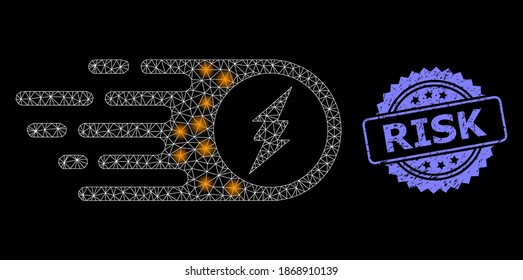 Bright mesh net electric spark with lightspots, and Risk rubber rosette stamp seal. Illuminated vector model created from electric spark icon. Blue stamp seal includes Risk tag inside rosette.