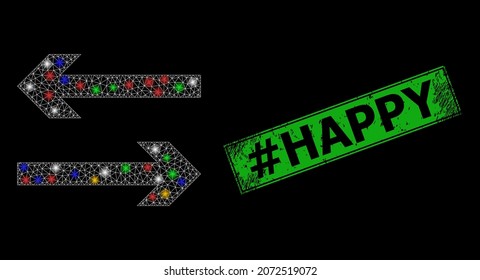 Bright mesh net exchange arrows with colored glowing spots, and grunge hashtag Happy seal stamp. Green stamp seal contains hashtag Happy caption inside framed rectangle.