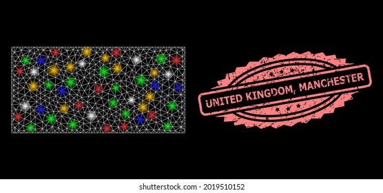 Bright mesh net filled rectangle with light spots, and United Kingdom, Manchester corroded rosette stamp. Illuminated vector constellation created from filled rectangle symbol.