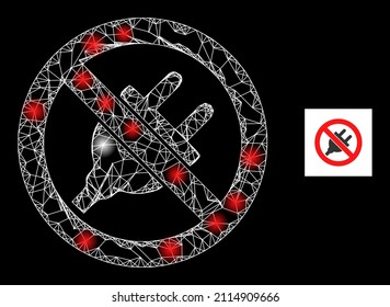 Una red de malla brillante prohíbe el uso de un icono de suministro eléctrico con manchas de luz brillante. El modelo iluminado se realiza utilizando un icono vectorial de suministro eléctrico prohibido y líneas de cruce.
