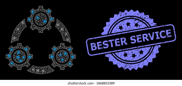 Bright mesh net gear planetary transmission with light spots, and Bester Service corroded rosette seal. Illuminated vector model created from gear planetary transmission icon.