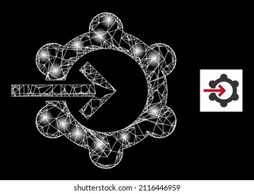Icono de integración de la rueda de la red de malla brillante con puntos brillantes. La constelación iluminada se genera a partir del icono vectorial de integración de la rueda de engranajes y de las líneas cruzadas.