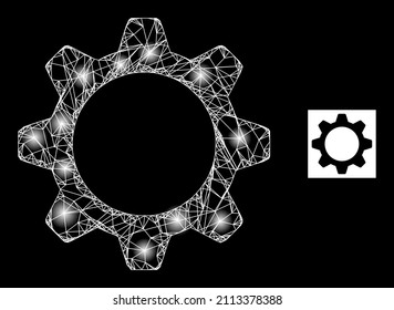 Bright mesh net gearwheel icon with sparkle spots. Illuminated constellation created using gearwheel vector icon and crossed lines. Sparkle carcass gearwheel, on a black background.