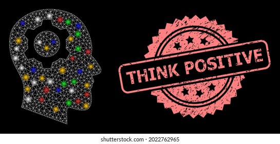 Bright mesh net head gear with lightspots, and Think Positive scratched rosette seal print. Illuminated vector mesh created from head gear symbol. Pink seal has Think Positive title inside rosette.