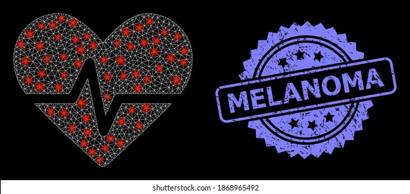 Bright mesh net heart pulse with lightspots, and Melanoma scratched rosette stamp seal. Illuminated vector model created from heart pulse icon.