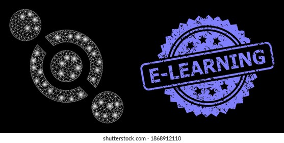 Bright mesh net joint connector with lightspots, and E-Learning scratched rosette stamp seal. Illuminated vector constellation created from joint connector icon.
