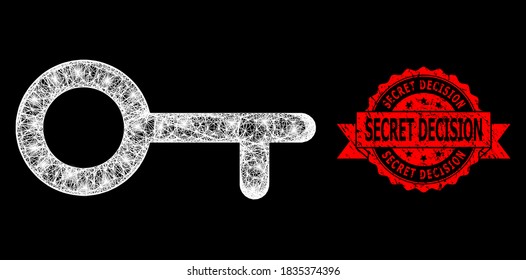 Bright mesh net key with light spots, and Secret Decision rubber ribbon stamp seal. Red seal includes Secret Decision text inside ribbon.