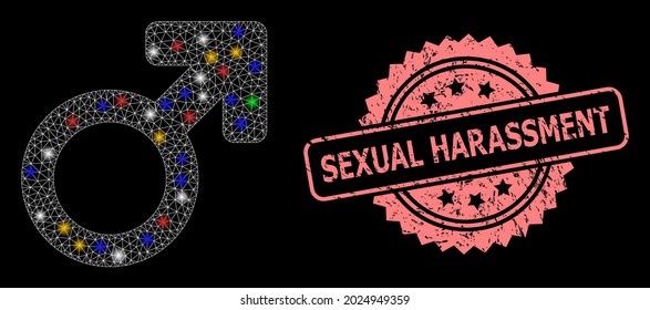 Bright mesh net male symbol with bright dots, and Sexual Harassment textured rosette seal print. Illuminated vector constellation created from male symbol pictogram.