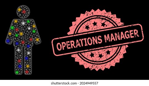 Bright mesh net man with bright dots, and Operations Manager grunge rosette seal. Illuminated vector mesh created from man symbol. Pink stamp seal contains Operations Manager title inside rosette.
