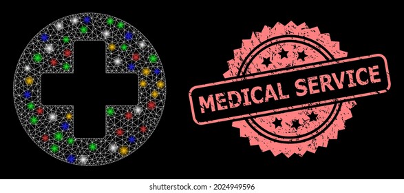 Bright mesh net medical cross with bright dots, and Medical Service dirty rosette stamp seal. Illuminated vector structure created from medical cross icon.