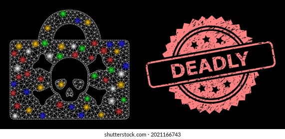 Bright mesh net mortal case with bright dots, and Deadly unclean rosette stamp seal. Illuminated vector mesh created from mortal case pictogram. Pink stamp seal has Deadly text inside rosette.