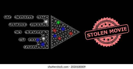 Bright mesh net motion with bright dots, and Stolen Movie grunge rosette stamp seal. Illuminated vector model created from motion icon. Pink seal has Stolen Movie title inside rosette.