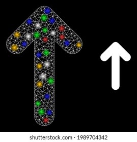 Bright mesh net move up with multicolored glowing spots. Constellation vector framework created from move up pictogram. Sparkle constellation mesh move up, on a black backgound.