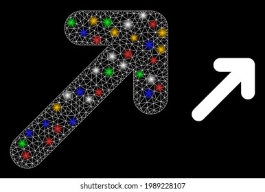 Bright mesh net move up right with colorful lightspots. Constellation vector mesh created from move up right pictogram. Sparkle carcass mesh move up right, on a black backgound.