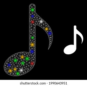 Bright mesh net music note with colorful bright dots. Illuminated vector mesh created from music note icon. Sparkle constellation polygonal music note, on a black backgound.