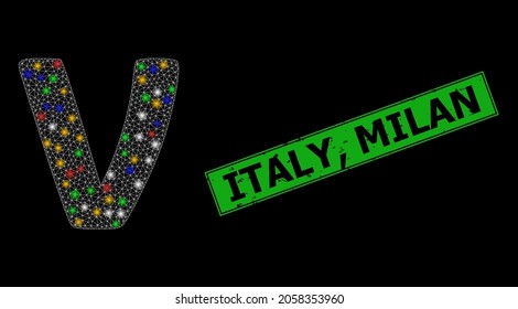 Bright mesh net Nu Greek lowercase symbol with vibrant flash nodes, and grunge Italy, Milan seal stamp. Green seal contains Italy, Milan caption inside framed rectangle.