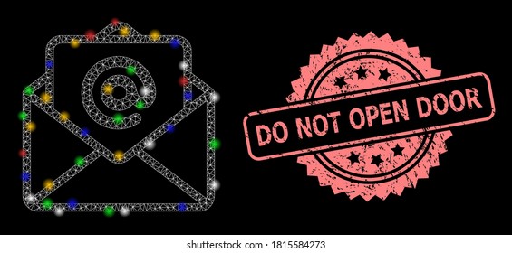 Bright mesh net open e-mail with light dots, and Do Not Open Door unclean rosette stamp seal. Illuminated vector mesh created from open e-mail icon.