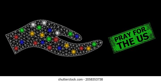 Bright mesh net petition hand with multicolored bright dots, and grunge Pray for the Us stamp. Green stamp includes Pray for the Us title inside framed rectangle.