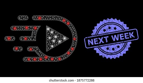 Bright mesh net play function with lightspots, and Next Week textured rosette stamp seal. Illuminated vector constellation created from play function icon.