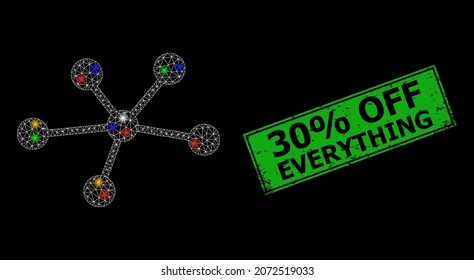 Bright mesh net relatiions with colorful flash nodes, and grunge 30 discount Off Everything seal. Green stamp seal contains 30 discount Off Everything caption inside framed rectangle.