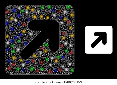 Bright mesh net right up direction with multi colored bright dots. Illuminated vector carcass created from right up direction pictogram. Sparkle carcass wired right up direction, on a black backgound.