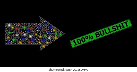 Helles Mesh-Netz in die richtige Richtung mit mehrfarbigen Leuchtpunkten und Grunge 100 Rabatt Bullshit-Siegel Stempel. Grüne Briefmarke hat 100 Rabatt Bullshit Titel in gerahmten Rechteck.