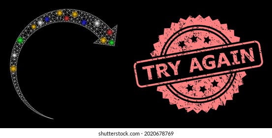 Bright mesh net rotate forward with glowing spots, and Try Again textured rosette stamp seal. Illuminated vector model created from rotate forward icon.